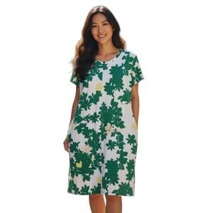 LIZ CLAIBORNE Women's L Dress Shift Green White Tropical Floral Pockets Cotton